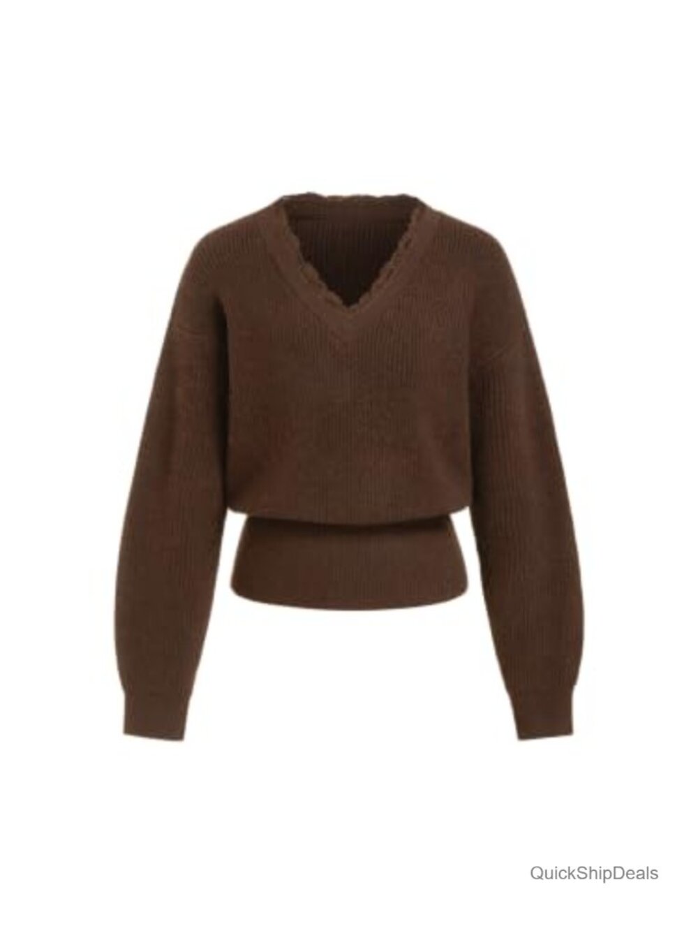 Wool Blend V Neck Sweater Lace Hem Cropped Knit Pullover Top